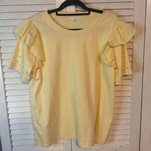 JOH Womens Ruffle Pearl Sleeve Butter Yellow‎ Top SZ L